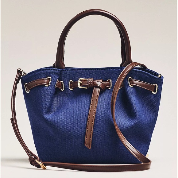 Anthropologie Handbags - Anthropologie Navy Canvas Mini Belted Tote Handbag